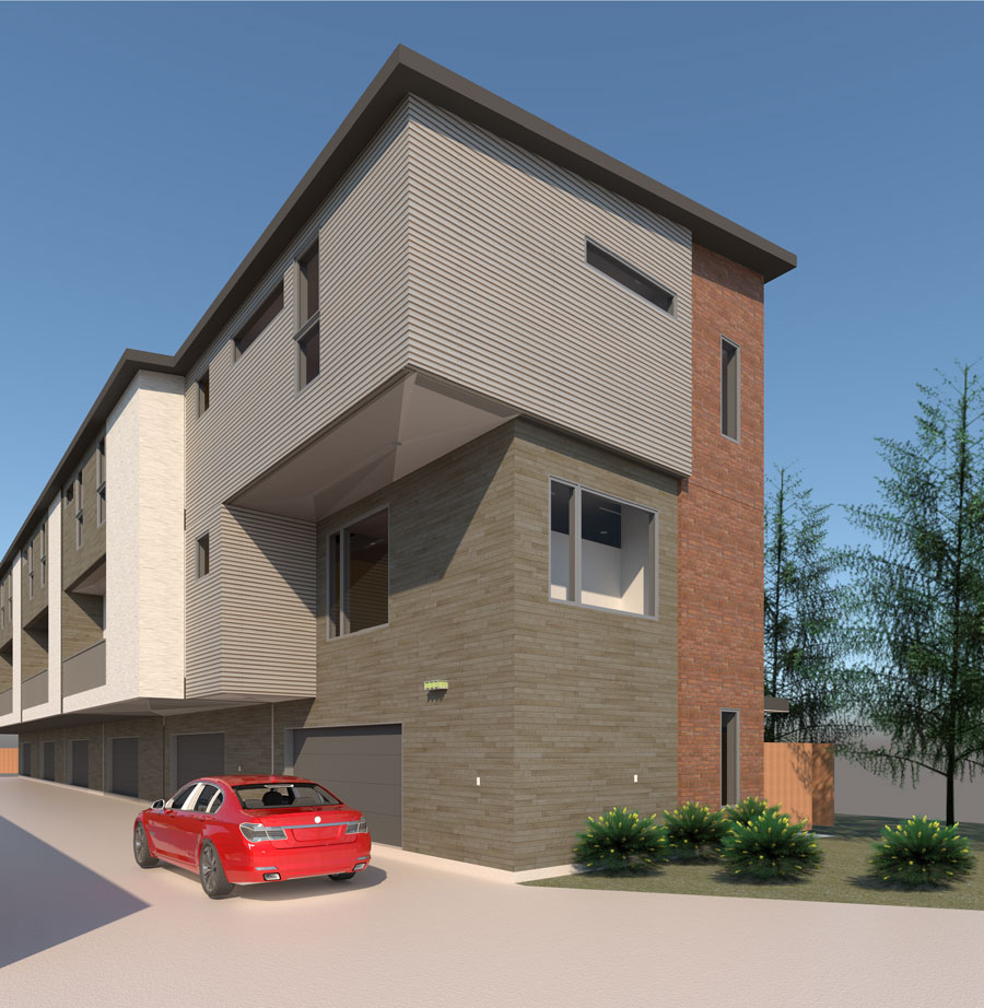 A rendering of the exterior of a building with cars parked in front.