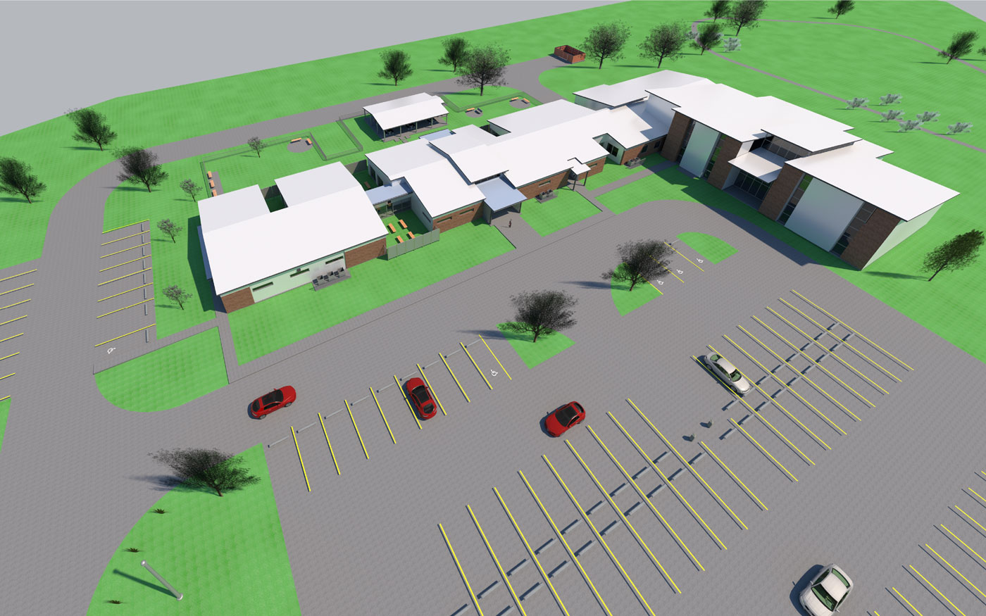 A 3 d rendering of the parking lot and building.