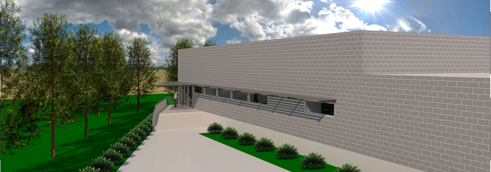 A rendering of the exterior of a building.